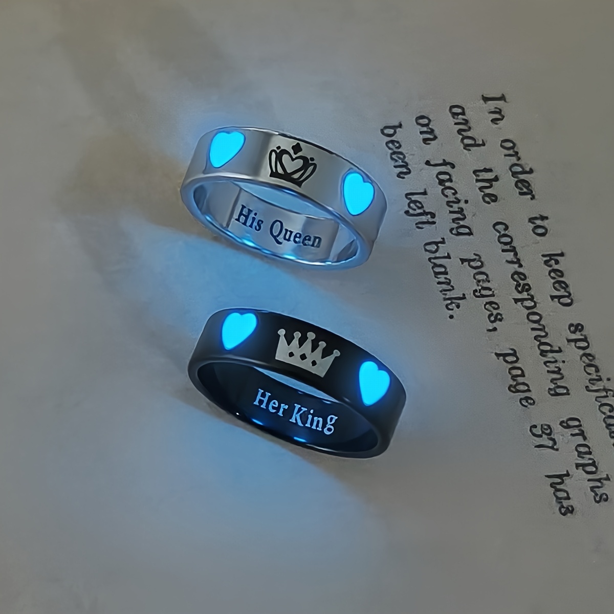 2pcs Luminous Heart "Her King His Queen" Couple Rings